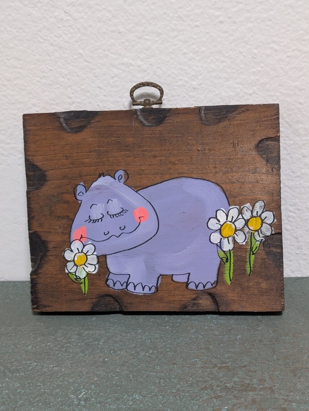 Vintage Purple Hippopotamus Glenda Small Painted Wall Art on Stained Wood 7"X8"